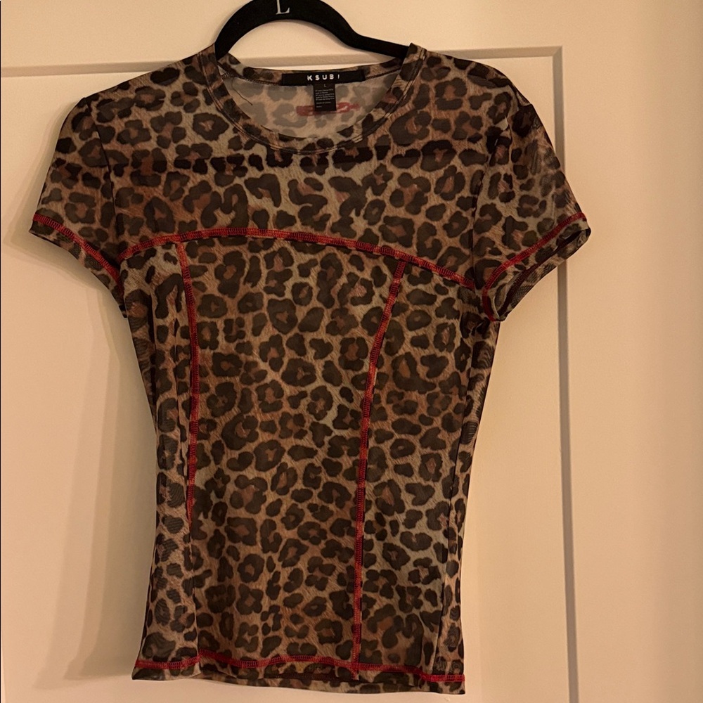 Ksubi Brown and Red Leopard Print Mesh Tee